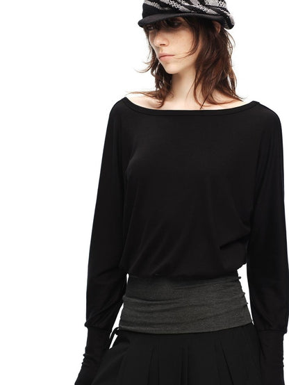 RUN TO THE FUTURE V-neck One Shoulder Contrast Trim Loose Fit Lyocell Women&
