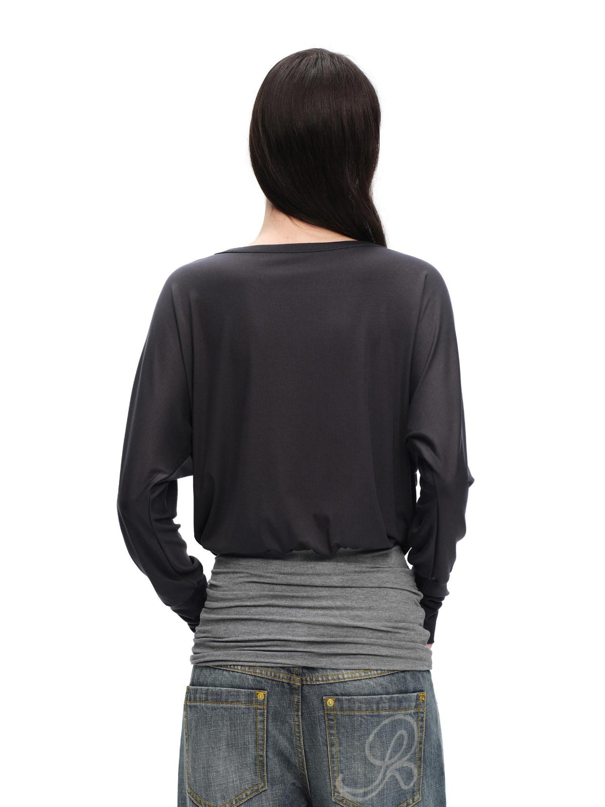 RUN TO THE FUTURE V-neck One Shoulder Contrast Trim Loose Fit Lyocell Women&