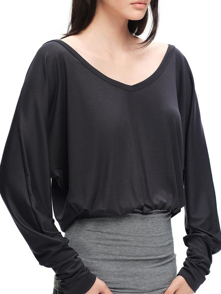RUN TO THE FUTURE V-neck One Shoulder Contrast Trim Loose Fit Lyocell Women&