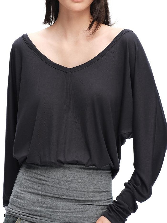 RUN TO THE FUTURE V-neck One Shoulder Contrast Trim Loose Fit Lyocell Women&