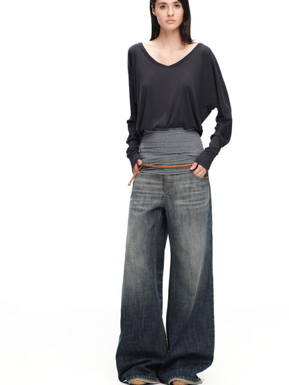 RUN TO THE FUTURE V-neck One Shoulder Contrast Trim Loose Fit Lyocell Women&
