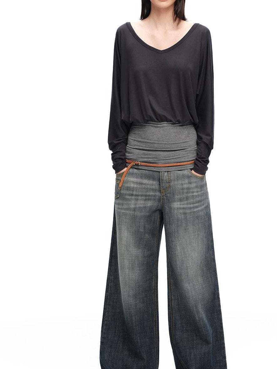 RUN TO THE FUTURE V-neck One Shoulder Contrast Trim Loose Fit Lyocell Women&