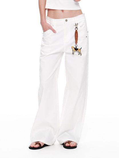 RUN TO THE FUTURE Vintage 3D Embellished Mid Low Waist Button Washed Cotton Women Straight Pants