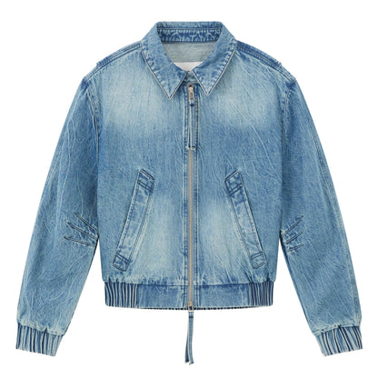 RUN TO THE FUTURE Vintage Blue Denim Original Short Zip Lapel Loose Fit Solid Jackets