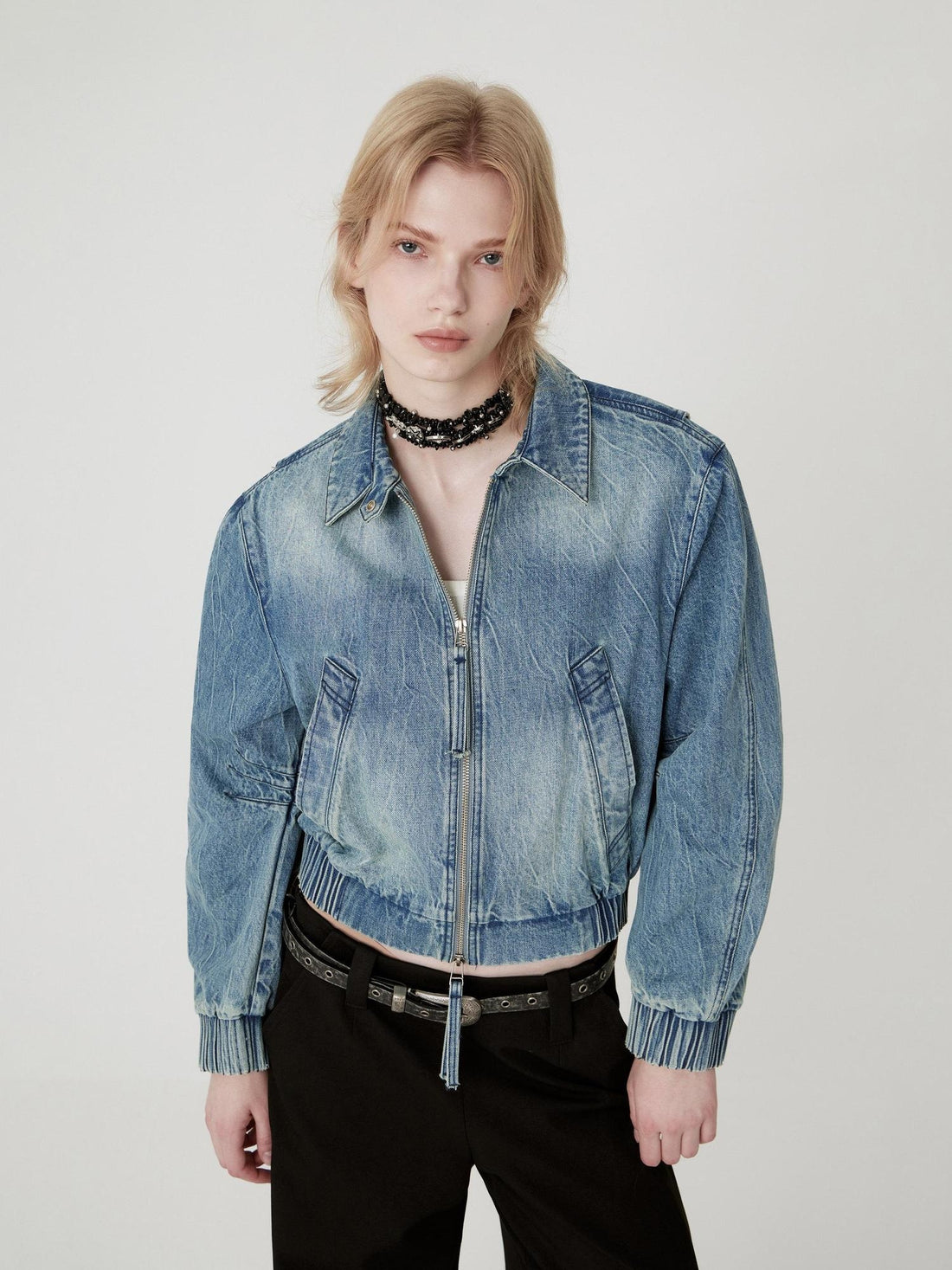 RUN TO THE FUTURE Vintage Blue Denim Original Short Zip Lapel Loose Fit Solid Jackets