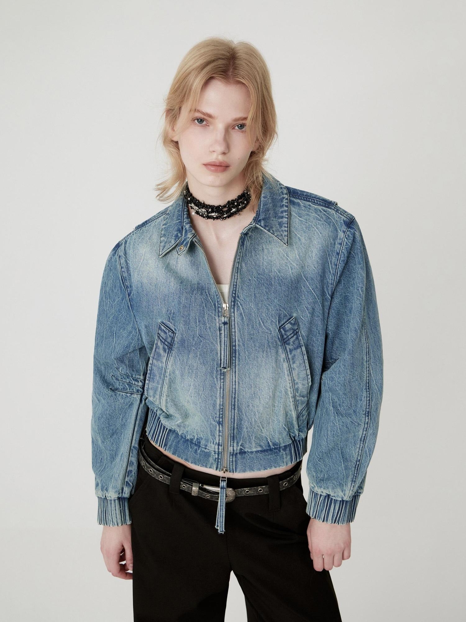 RUN TO THE FUTURE Vintage Blue Denim Original Short Zip Lapel Loose Fit Solid Jackets