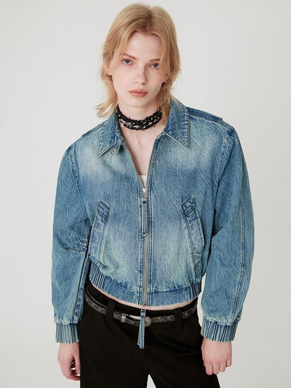 RUN TO THE FUTURE Vintage Blue Denim Original Short Zip Lapel Loose Fit Solid Jackets