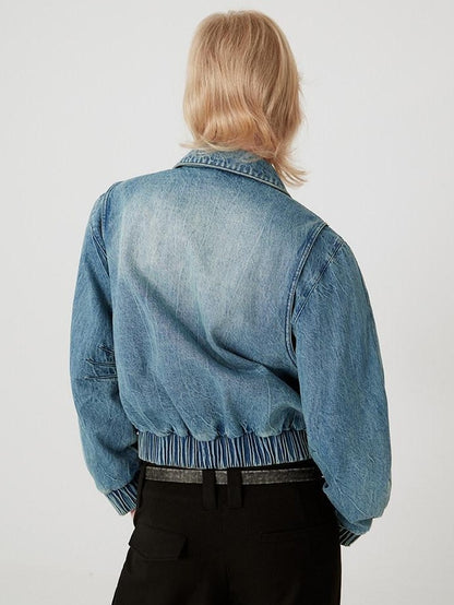 RUN TO THE FUTURE Vintage Blue Denim Original Short Zip Lapel Loose Fit Solid Jackets
