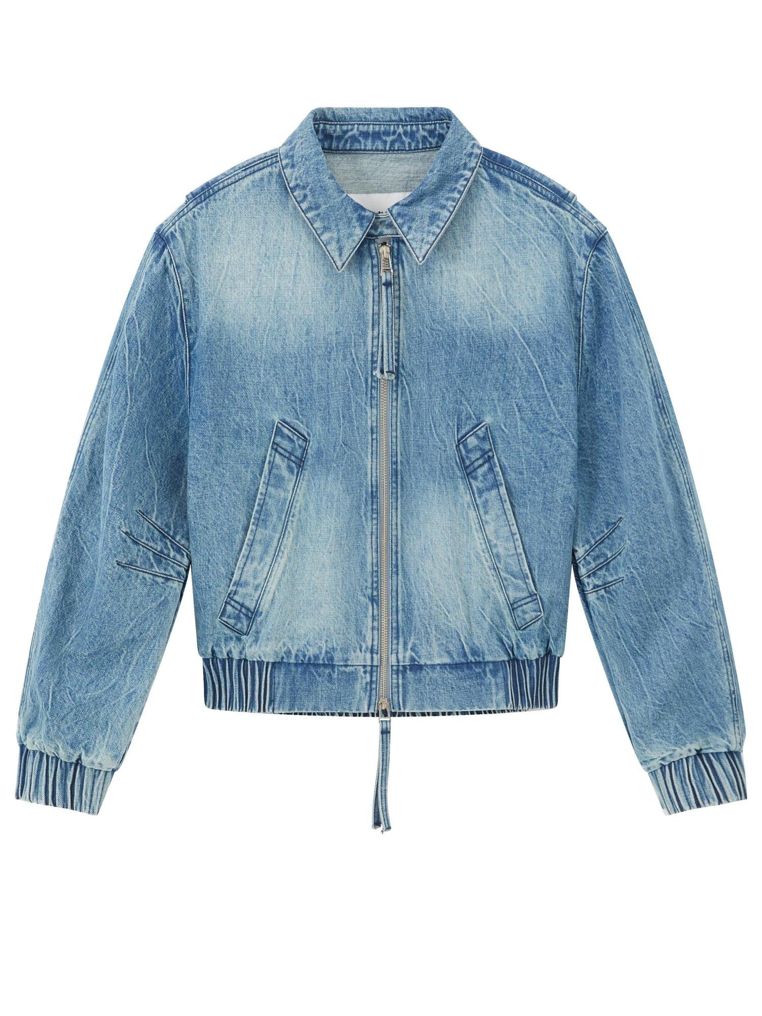 RUN TO THE FUTURE Vintage Blue Denim Original Short Zip Lapel Loose Fit Solid Jackets