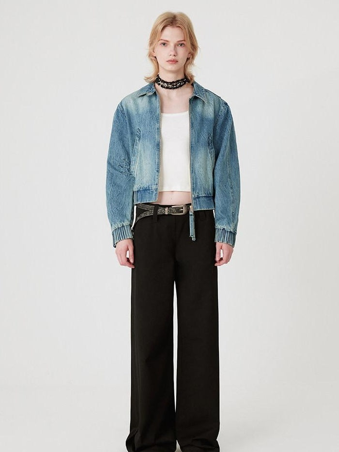 RUN TO THE FUTURE Vintage Blue Denim Original Short Zip Lapel Loose Fit Solid Jackets