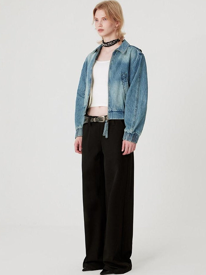 RUN TO THE FUTURE Vintage Blue Denim Original Short Zip Lapel Loose Fit Solid Jackets