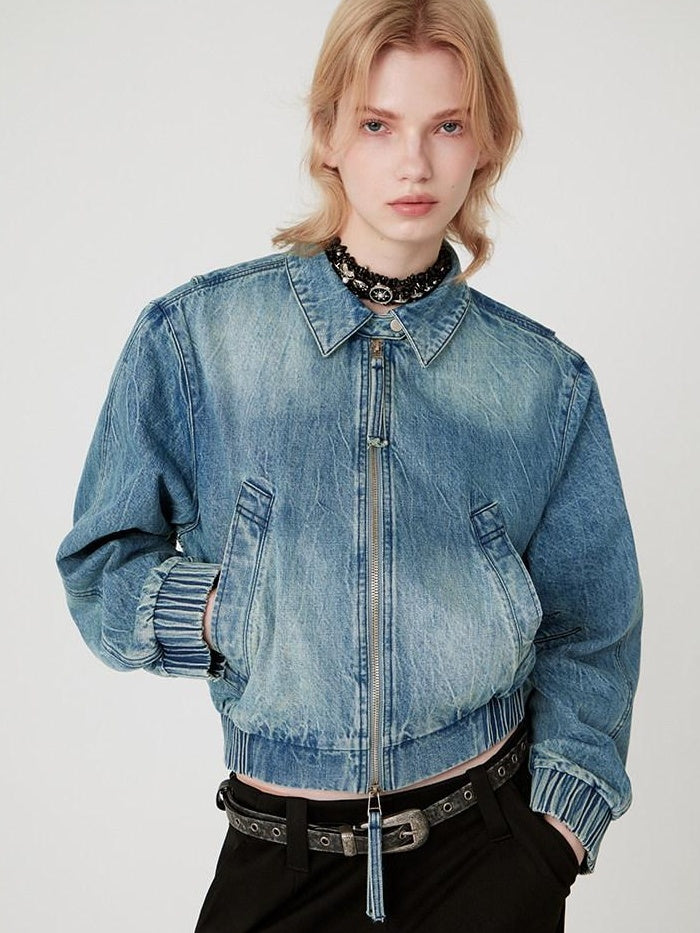 RUN TO THE FUTURE Vintage Blue Denim Original Short Zip Lapel Loose Fit Solid Jackets