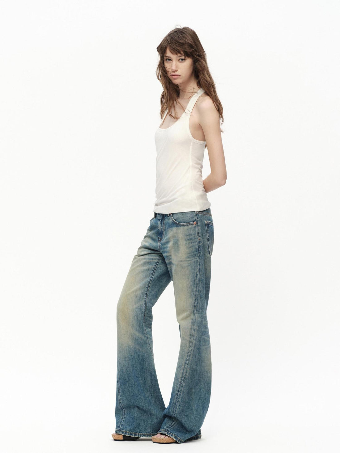 RUN TO THE FUTURE Vintage Blue Washed Distressed Mid Low Waist Women&