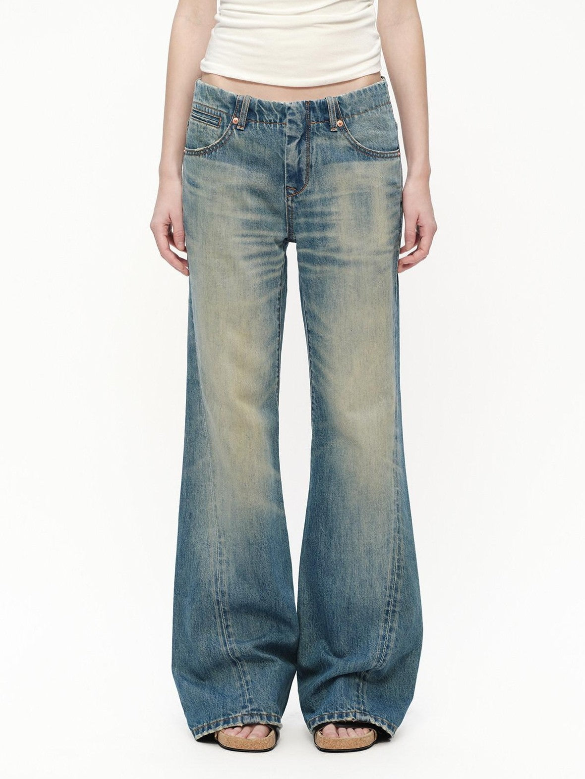 RUN TO THE FUTURE Vintage Blue Washed Distressed Mid Low Waist Women&