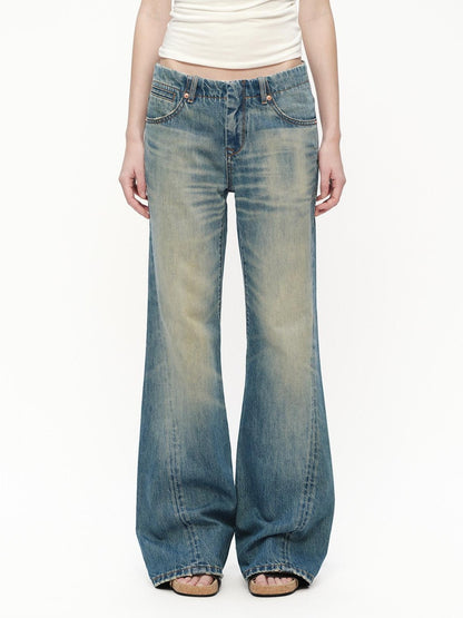RUN TO THE FUTURE Vintage Blue Washed Distressed Mid Low Waist Women&