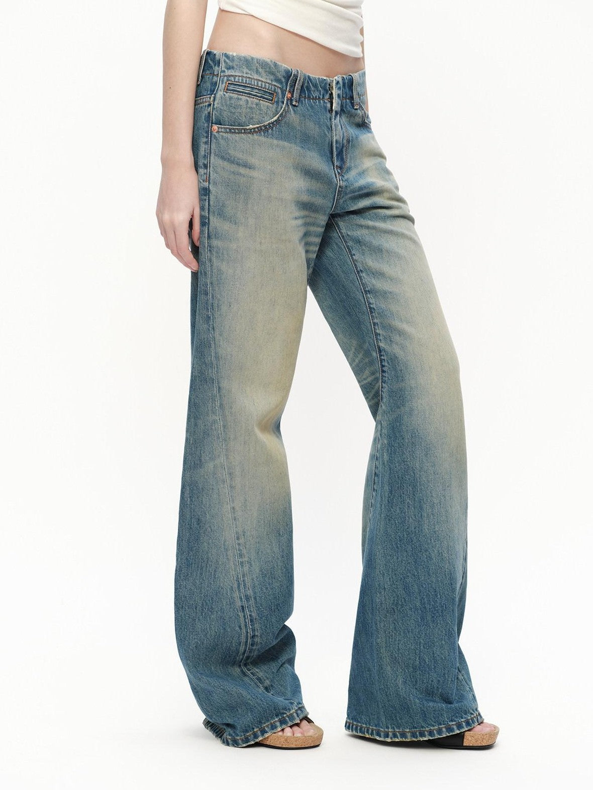 RUN TO THE FUTURE Vintage Blue Washed Distressed Mid Low Waist Women&