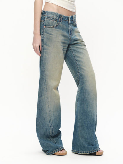 RUN TO THE FUTURE Vintage Blue Washed Distressed Mid Low Waist Women&