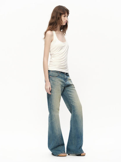 RUN TO THE FUTURE Vintage Blue Washed Distressed Mid Low Waist Women&