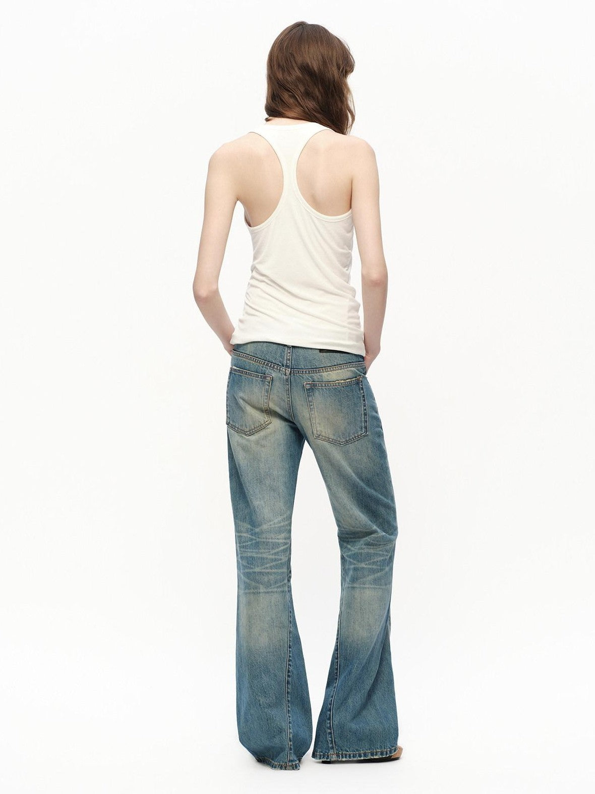 RUN TO THE FUTURE Vintage Blue Washed Distressed Mid Low Waist Women&