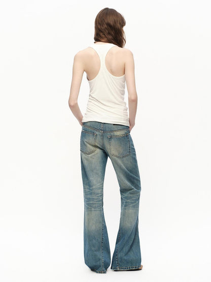 RUN TO THE FUTURE Vintage Blue Washed Distressed Mid Low Waist Women&