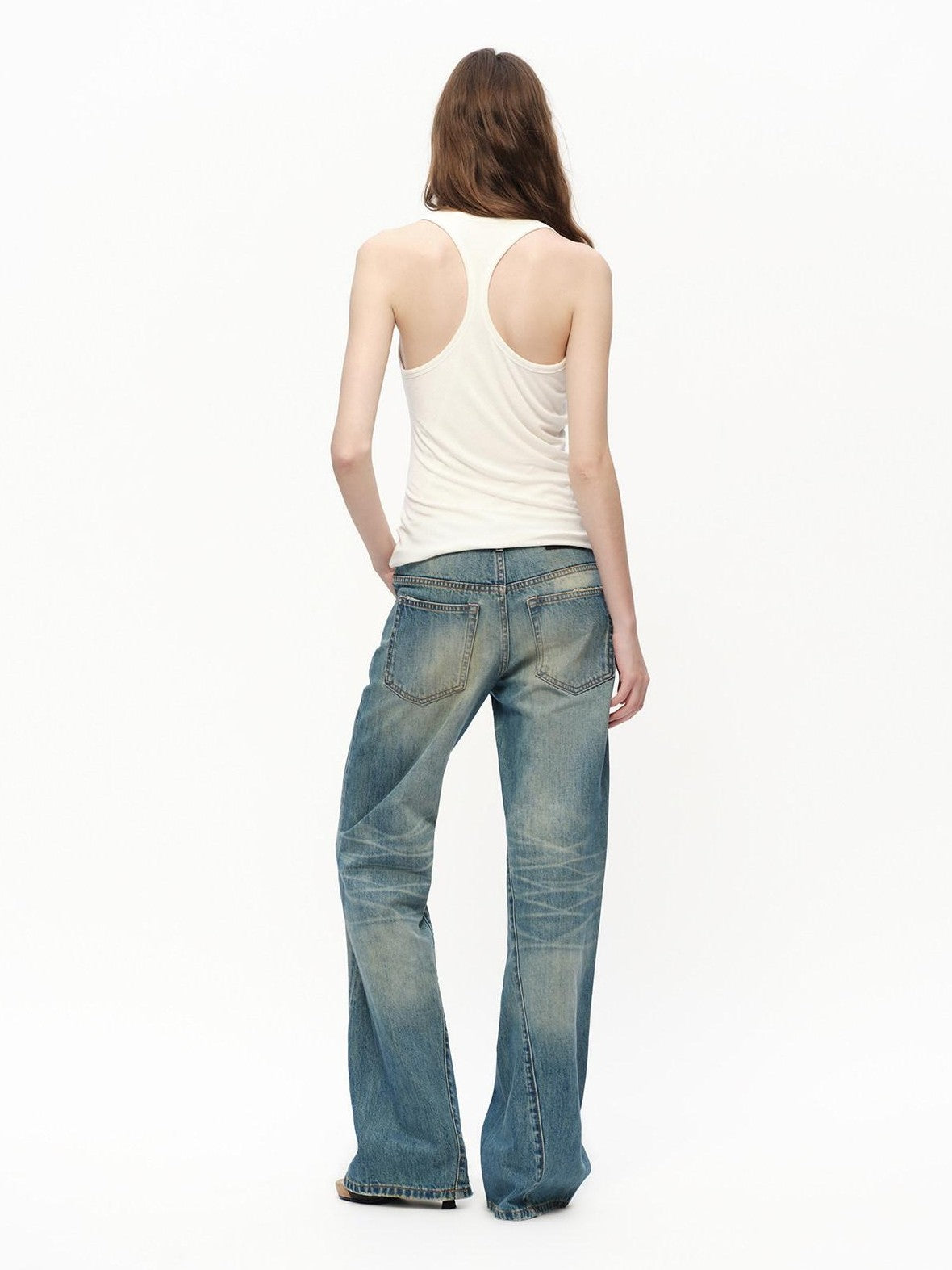 RUN TO THE FUTURE Vintage Blue Washed Distressed Mid Low Waist Women&