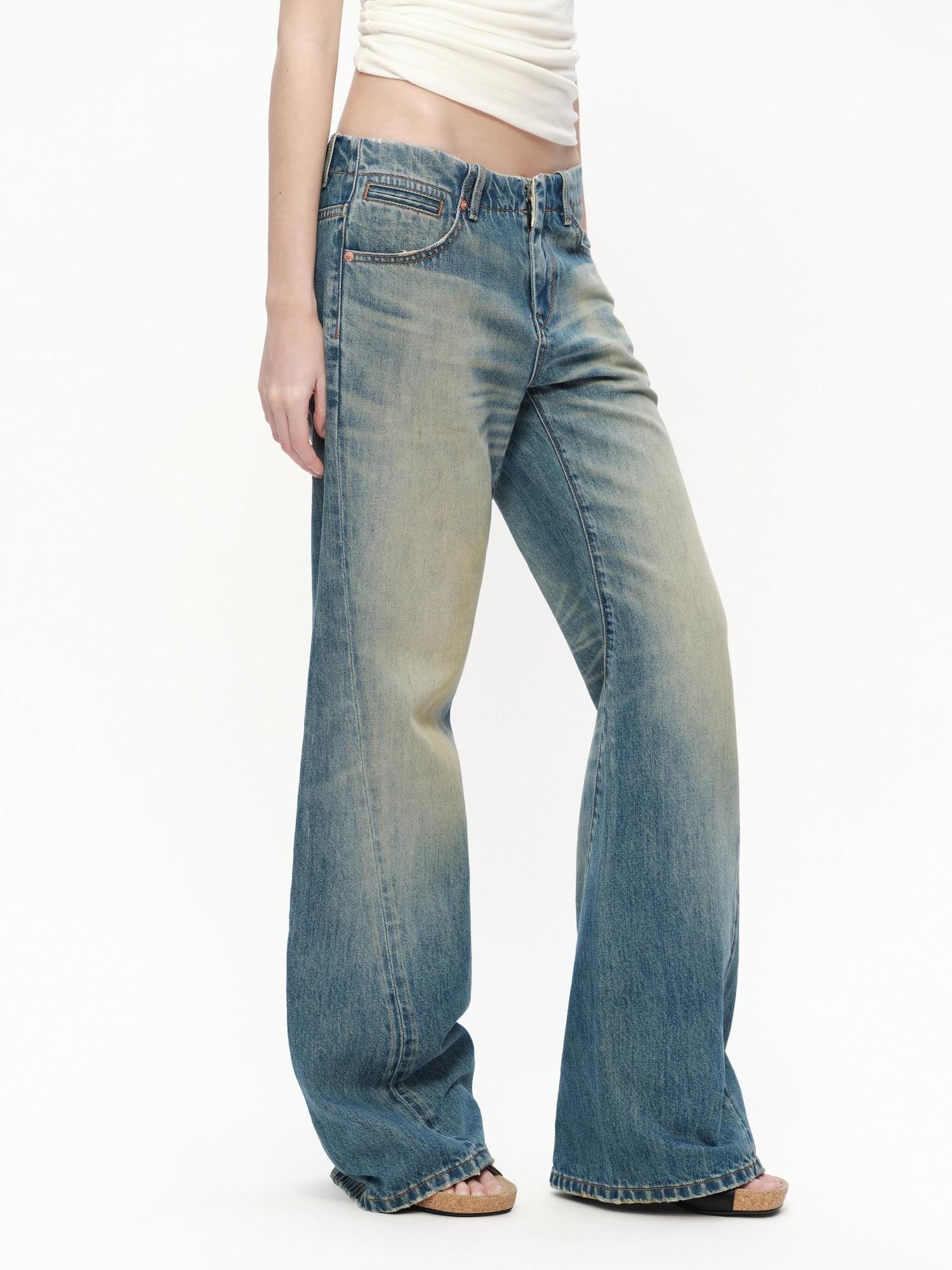 RUN TO THE FUTURE Vintage Blue Washed Distressed Mid Low Waist Women&
