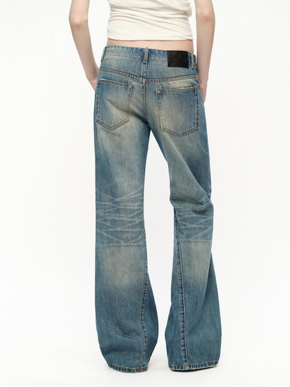 RUN TO THE FUTURE Vintage Blue Washed Distressed Mid Low Waist Women&