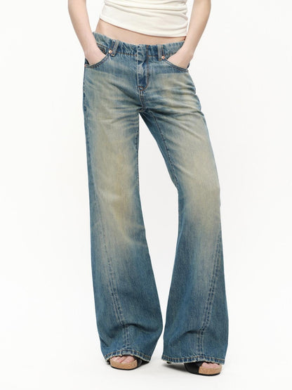 RUN TO THE FUTURE Vintage Blue Washed Distressed Mid Low Waist Women&