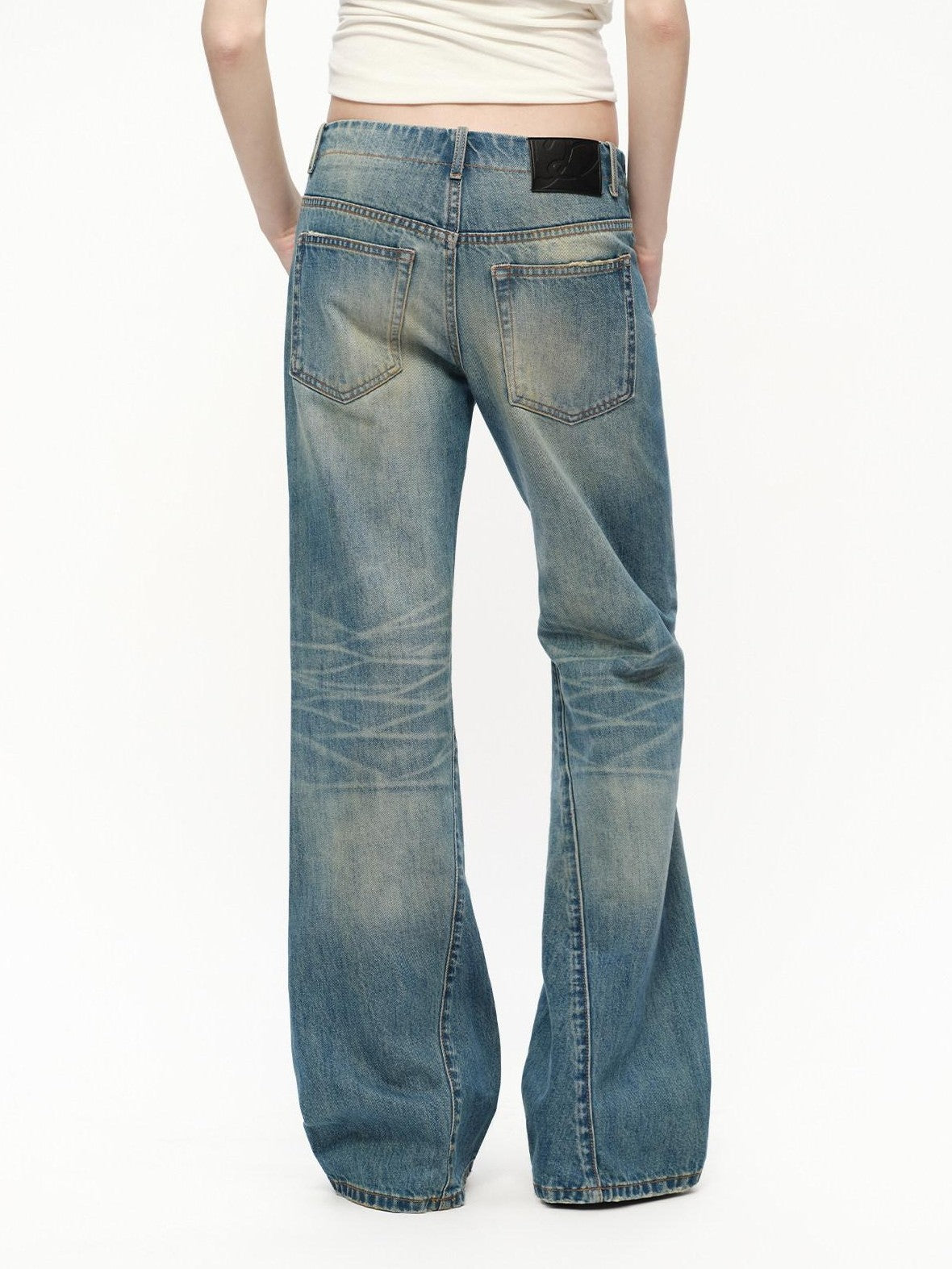 RUN TO THE FUTURE Vintage Blue Washed Distressed Mid Low Waist Women&
