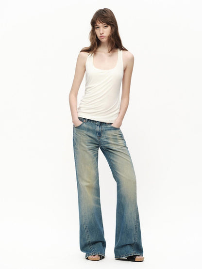 RUN TO THE FUTURE Vintage Blue Washed Distressed Mid Low Waist Women&