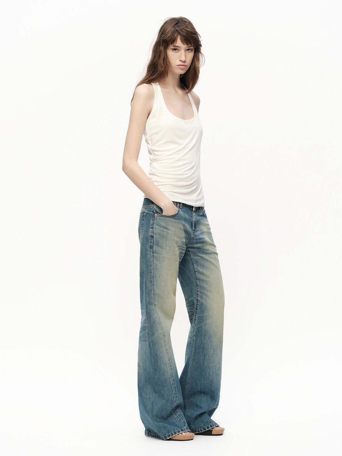 RUN TO THE FUTURE Vintage Blue Washed Distressed Mid Low Waist Women&