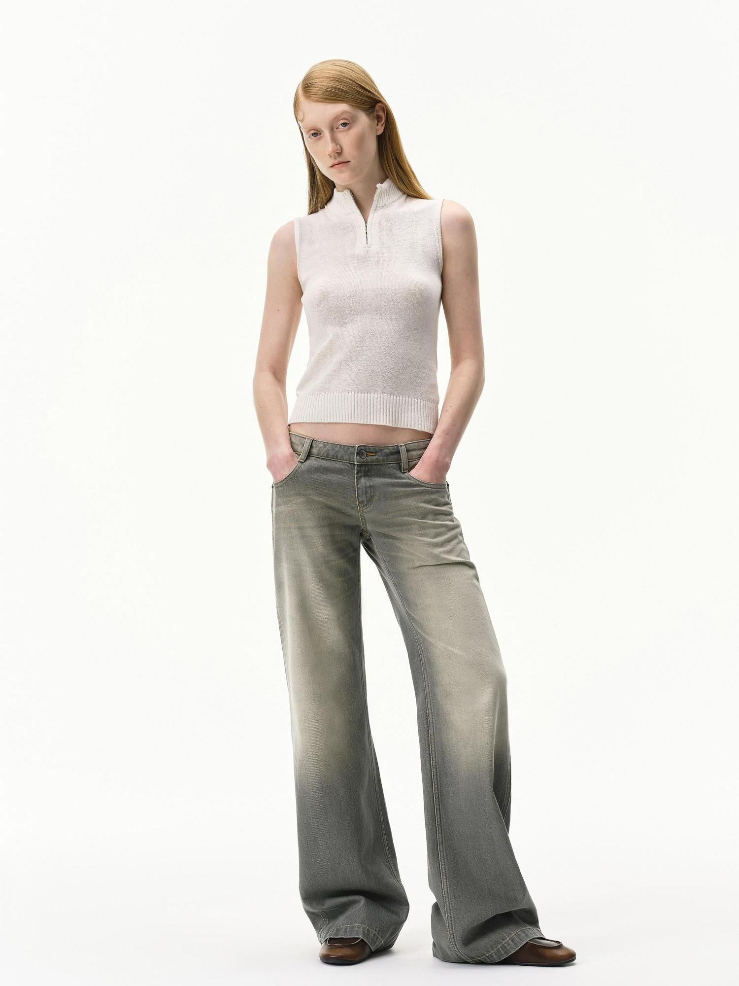 RUN TO THE FUTURE Vintage Distressed Gray Low Waist Slimming Women&