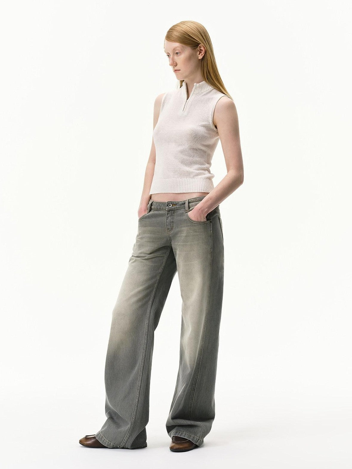 RUN TO THE FUTURE Vintage Distressed Gray Low Waist Slimming Women&