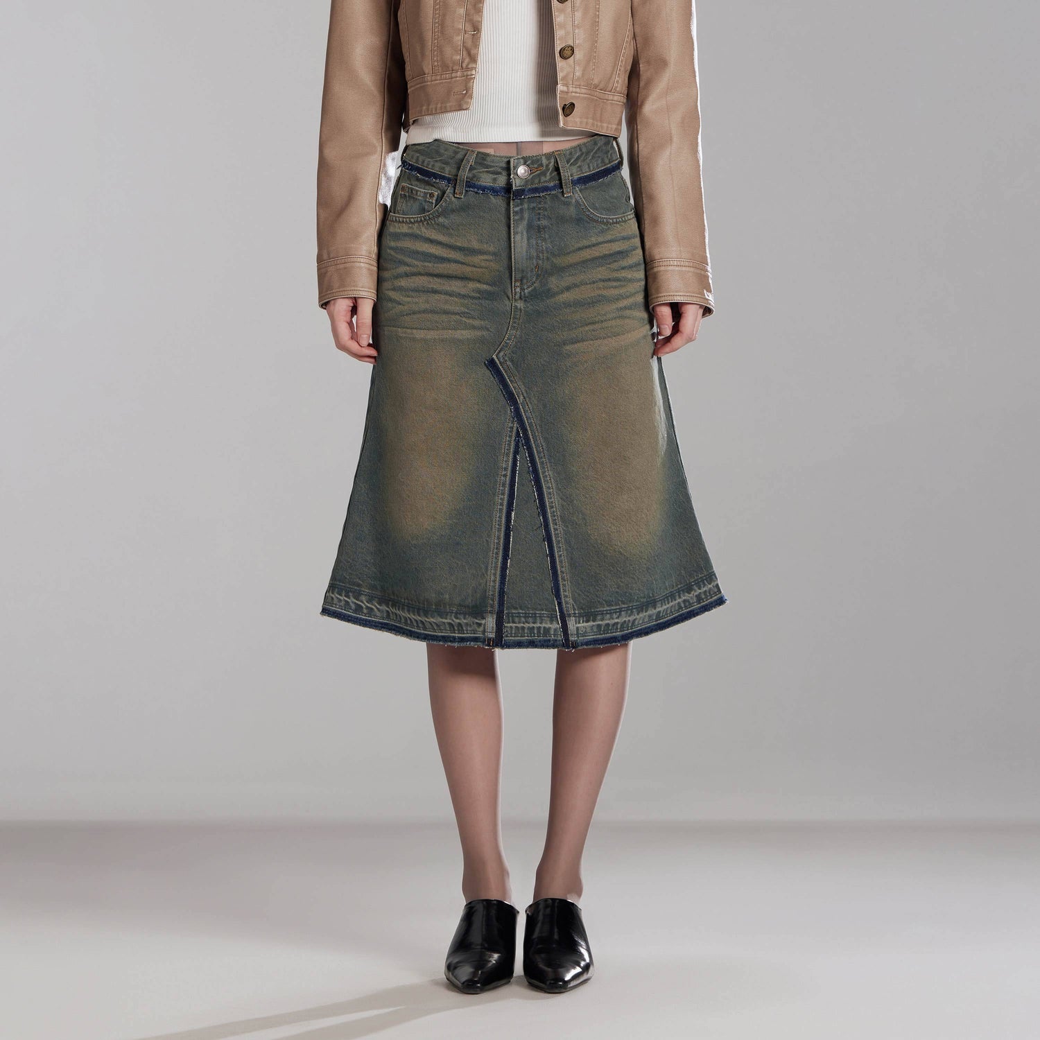 RUN TO THE FUTURE Vintage Distressed Washed Denim Low Waist A Line City Casual Midi Skirts