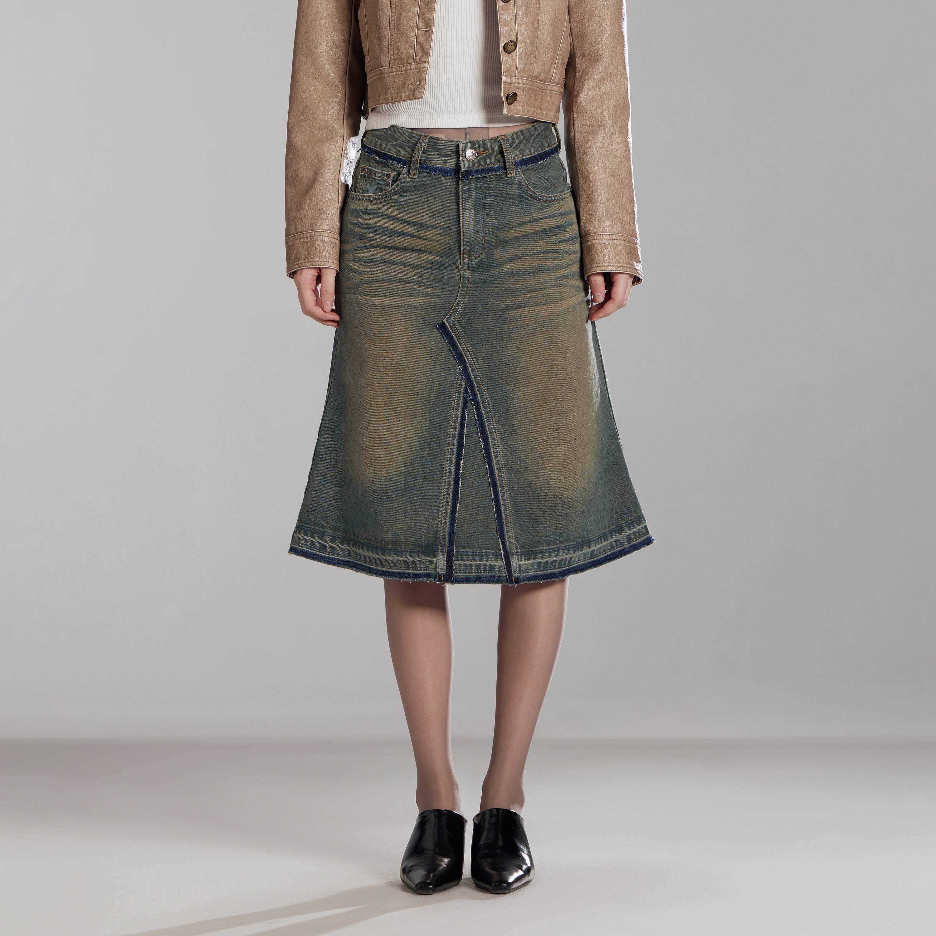 RUN TO THE FUTURE Vintage Distressed Washed Denim Low Waist A Line City Casual Midi Skirts