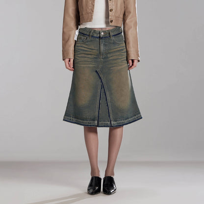 RUN TO THE FUTURE Vintage Distressed Washed Denim Low Waist A Line City Casual Midi Skirts