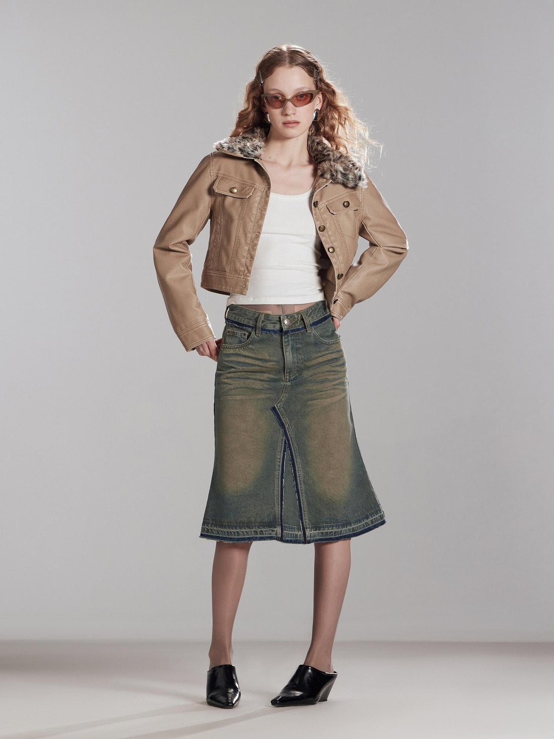 RUN TO THE FUTURE Vintage Distressed Washed Denim Low Waist A Line City Casual Midi Skirts