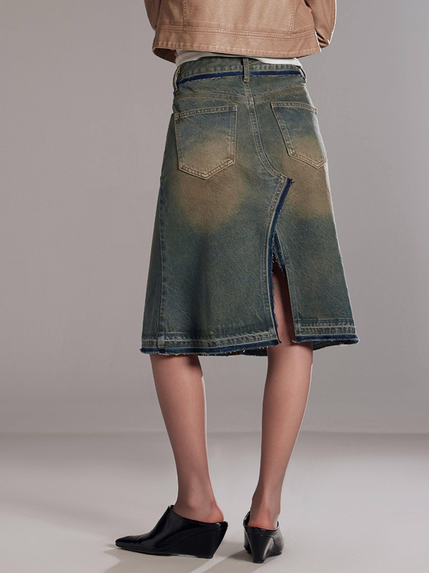 RUN TO THE FUTURE Vintage Distressed Washed Denim Low Waist A Line City Casual Midi Skirts