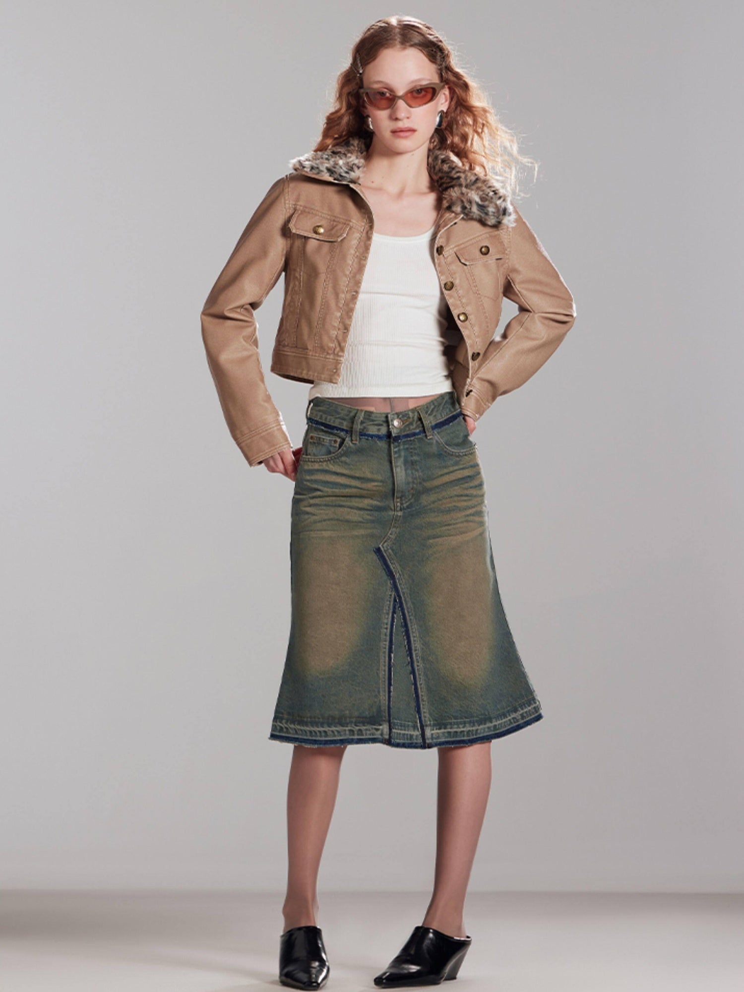 RUN TO THE FUTURE Vintage Distressed Washed Denim Low Waist A Line City Casual Midi Skirts
