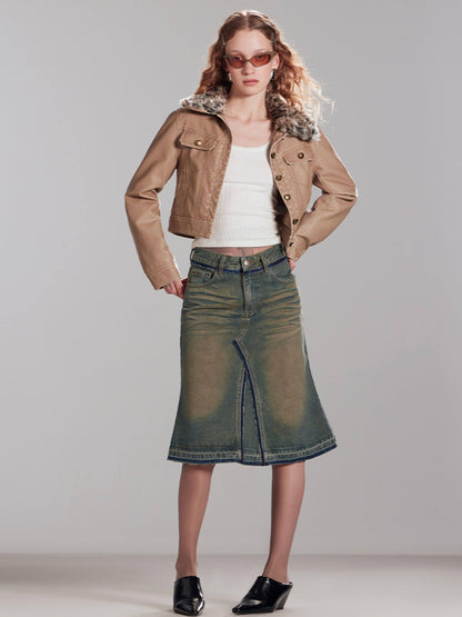 RUN TO THE FUTURE Vintage Distressed Washed Denim Low Waist A Line City Casual Midi Skirts