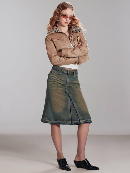 RUN TO THE FUTURE Vintage Distressed Washed Denim Low Waist A Line City Casual Midi Skirts