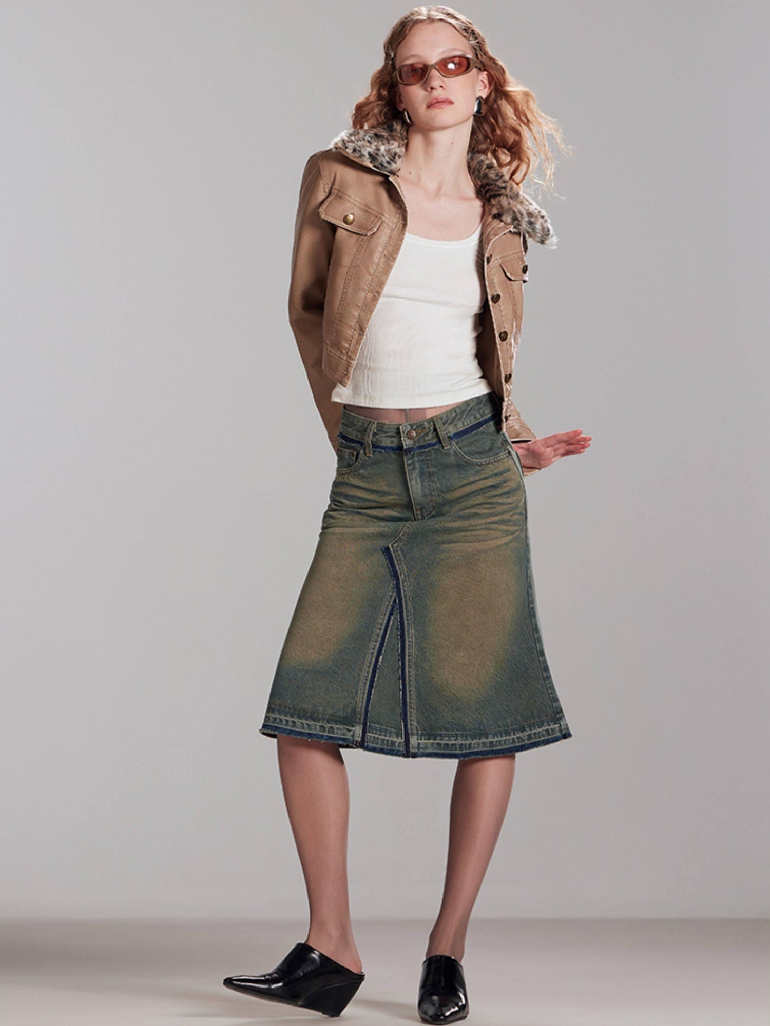RUN TO THE FUTURE Vintage Distressed Washed Denim Low Waist A Line City Casual Midi Skirts