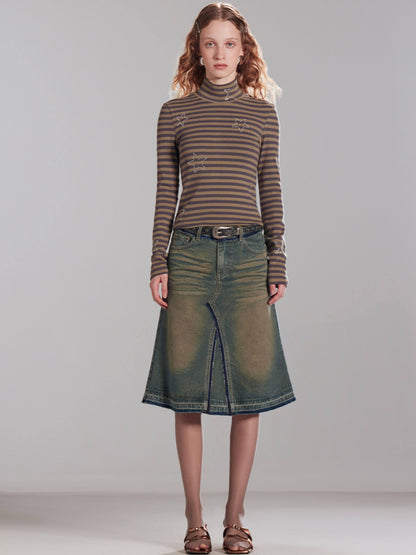 RUN TO THE FUTURE Vintage Distressed Washed Denim Low Waist A Line City Casual Midi Skirts