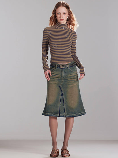 RUN TO THE FUTURE Vintage Distressed Washed Denim Low Waist A Line City Casual Midi Skirts