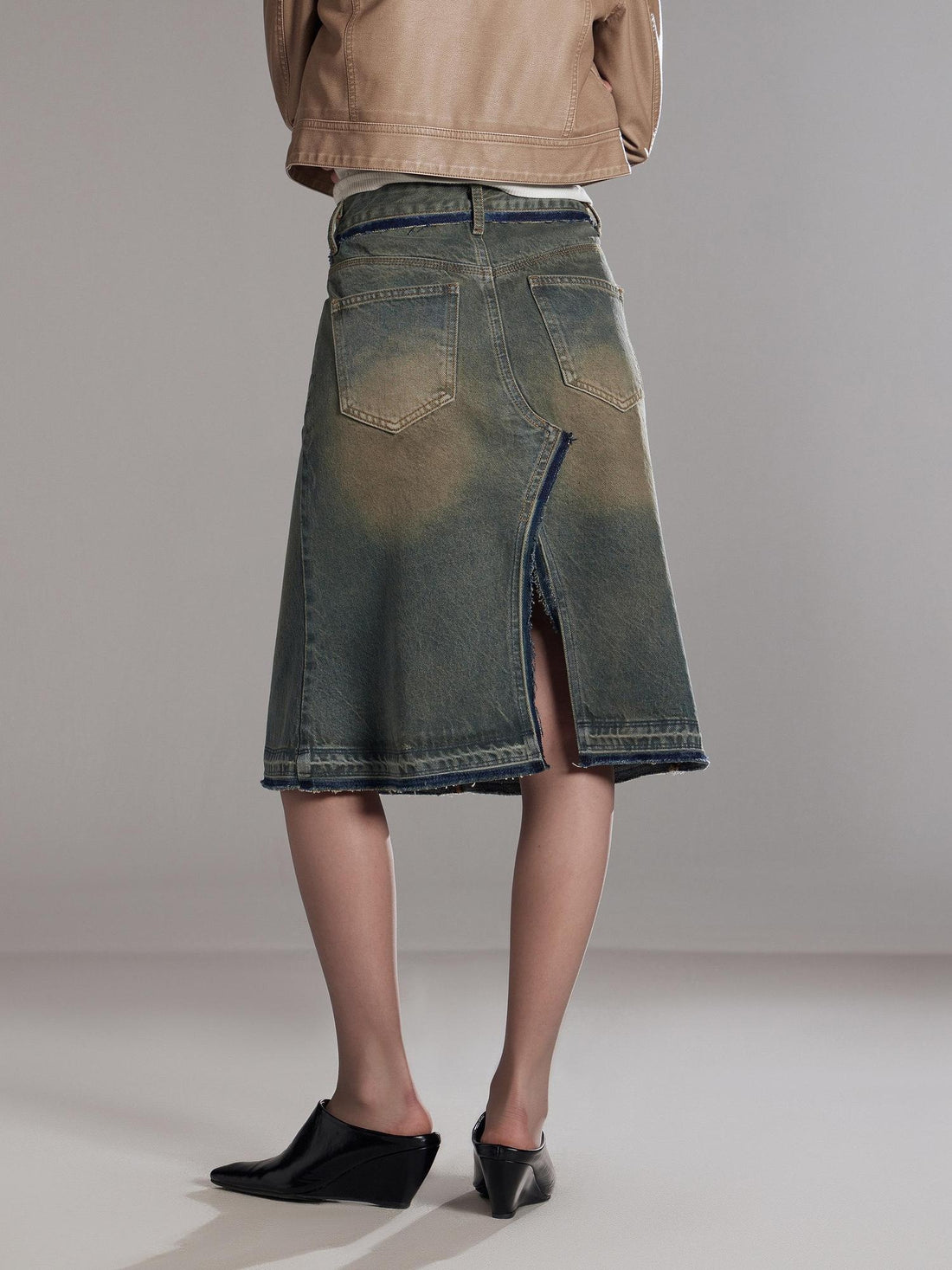 RUN TO THE FUTURE Vintage Distressed Washed Denim Low Waist A Line City Casual Midi Skirts