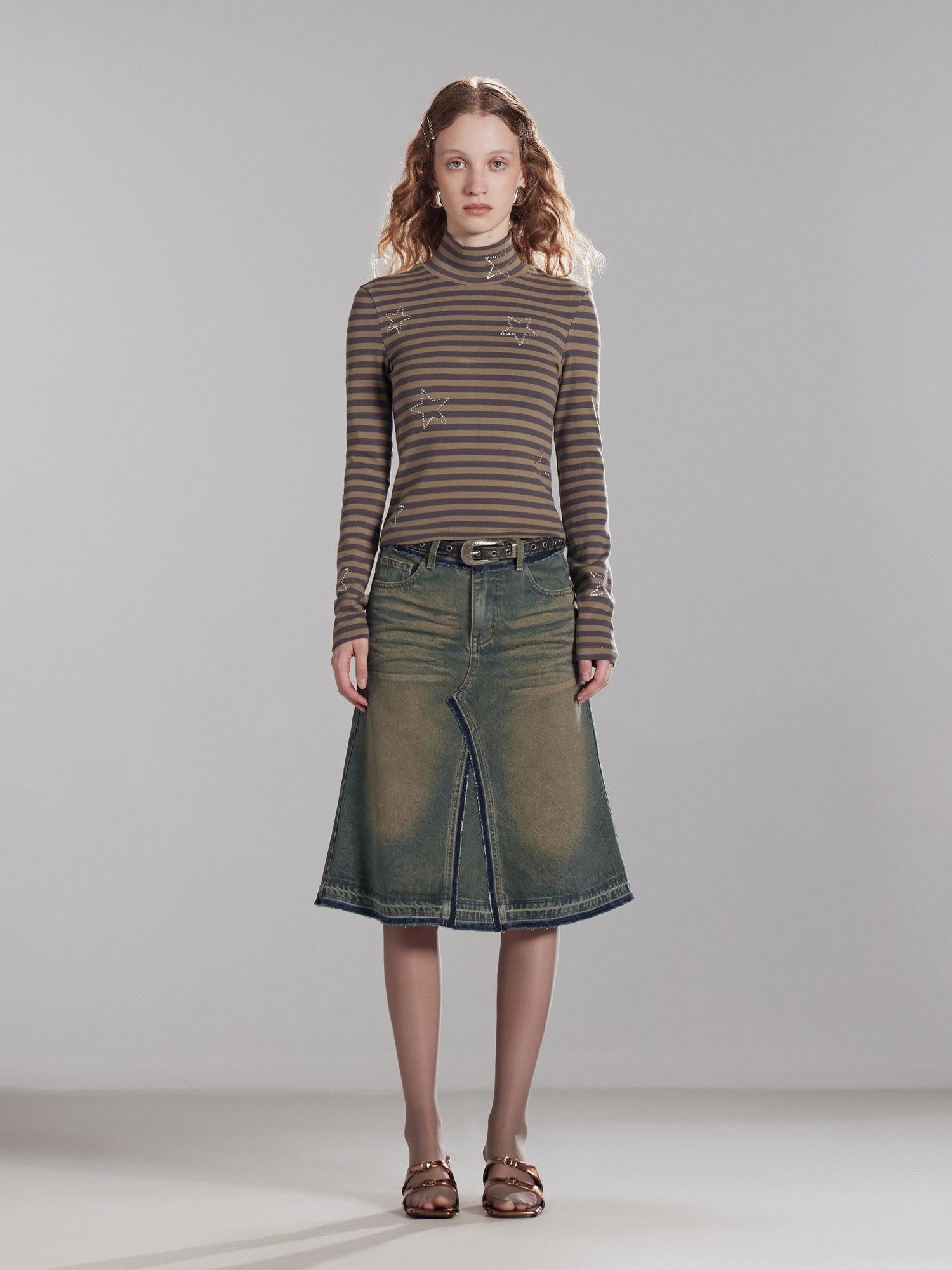 RUN TO THE FUTURE Vintage Distressed Washed Denim Low Waist A Line City Casual Midi Skirts