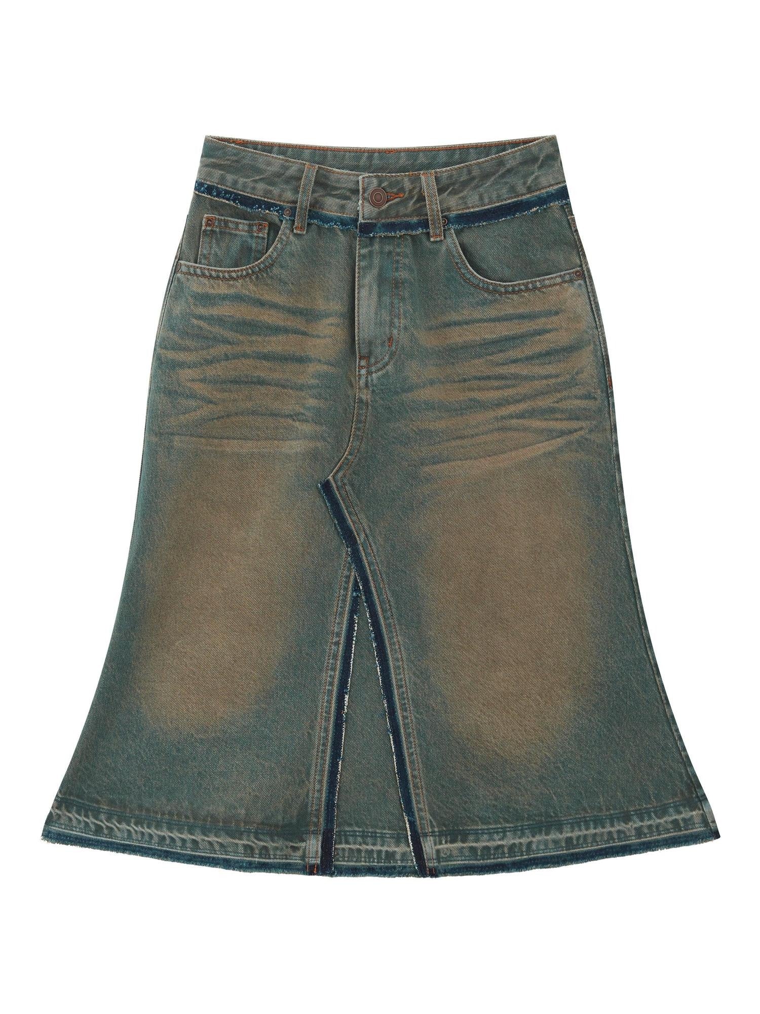 RUN TO THE FUTURE Vintage Distressed Washed Denim Low Waist A Line City Casual Midi Skirts