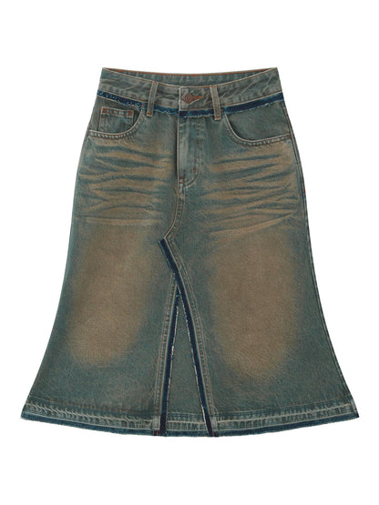 RUN TO THE FUTURE Vintage Distressed Washed Denim Low Waist A Line City Casual Midi Skirts
