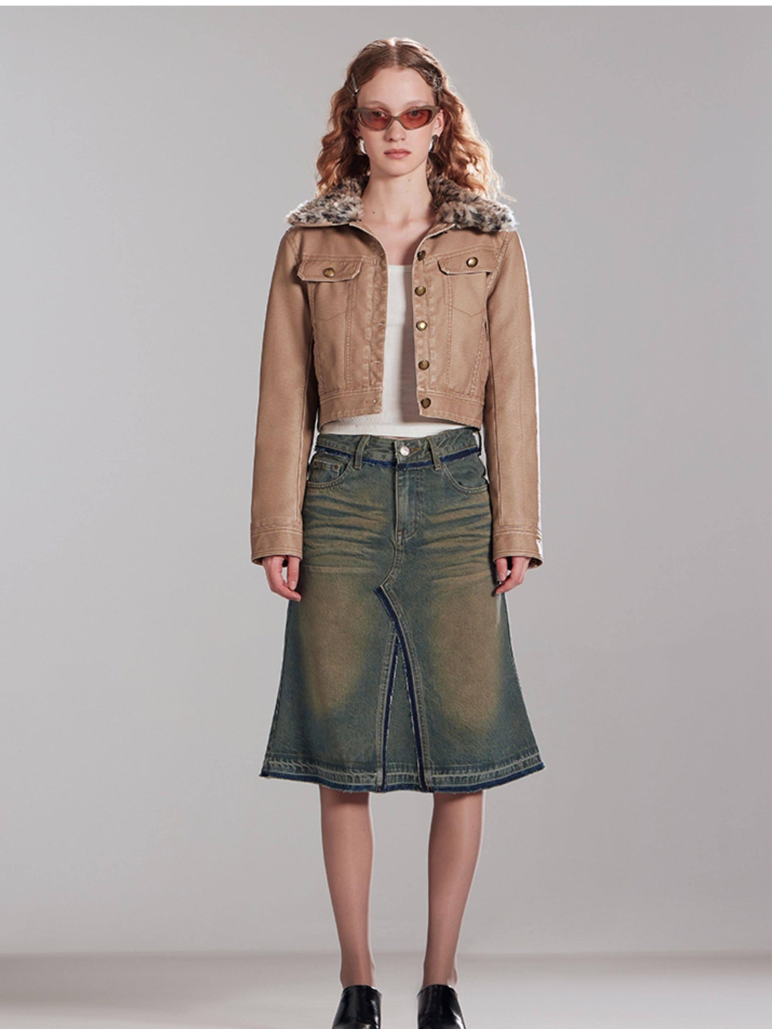 RUN TO THE FUTURE Vintage Distressed Washed Denim Low Waist A Line City Casual Midi Skirts