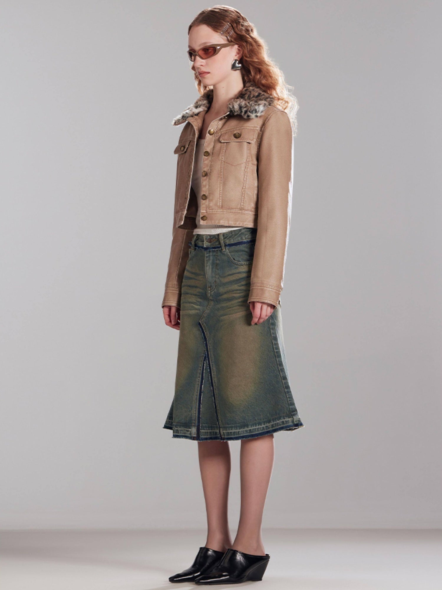 RUN TO THE FUTURE Vintage Distressed Washed Denim Low Waist A Line City Casual Midi Skirts